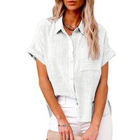 Women's Fashion Casual Cotton Linen Pocket Short-sleeved Shirt